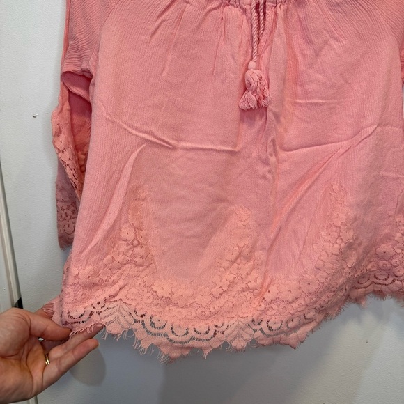 New York & Company Pink Bell Sleeve Blouse with Tie Front Lace Hem Size Small - Picture 3 of 11
